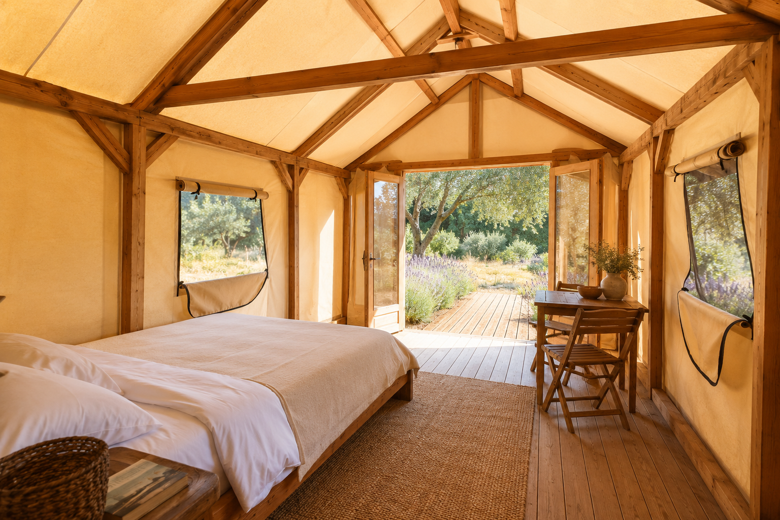 Canvas Cottage interior with open doors