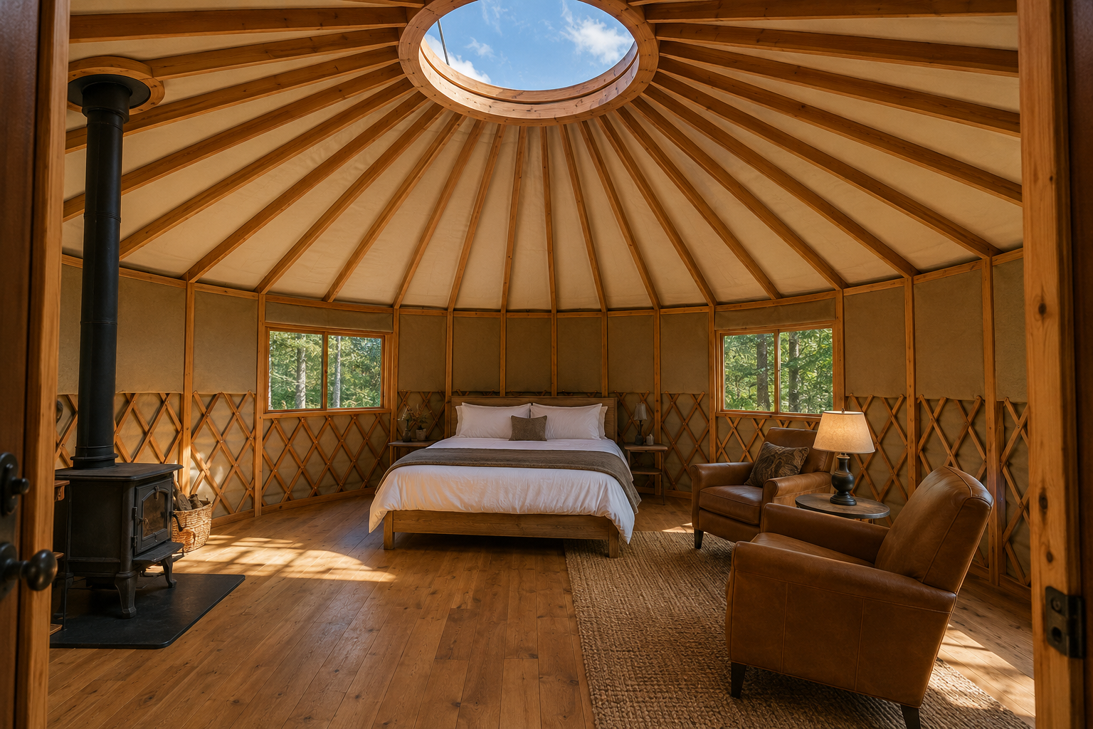 Eagle Yurt interior, luxury glamping setup